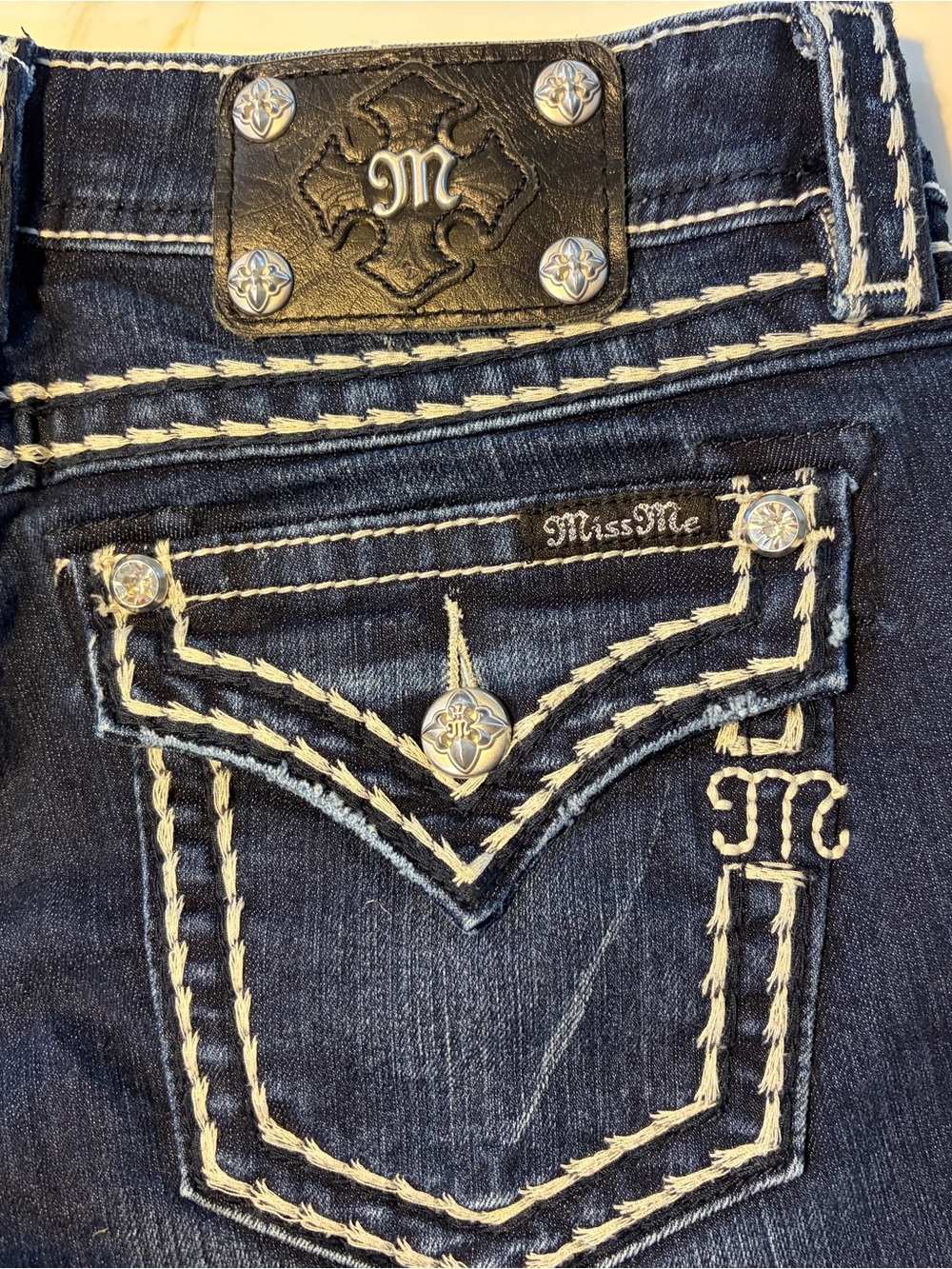 Miss Me Dark Blue Denim Bermuda Shorts with White Contrast Stitching - Picture 8 of 9